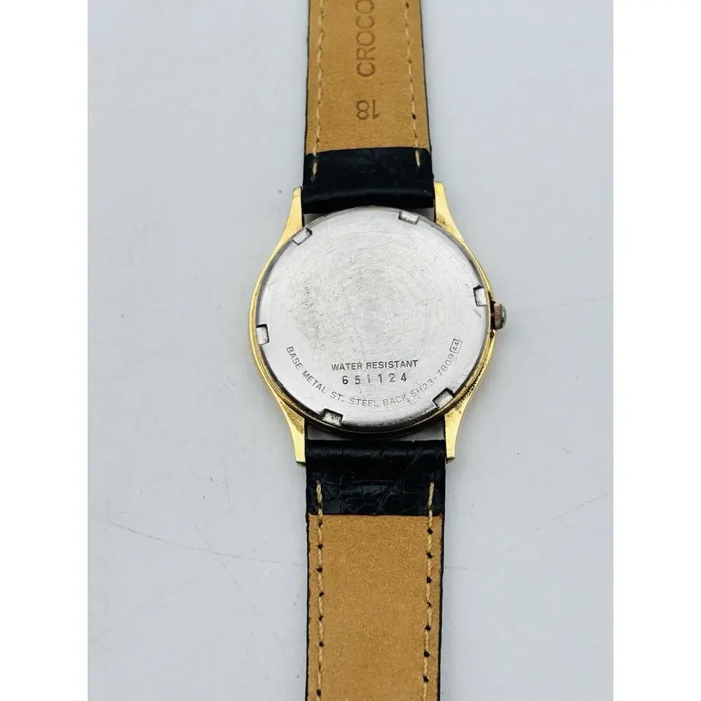 Seiko SQ Watch Men 33mm Gold Dial Gold Tone Daydate Round 5H23-7B09 New Battery